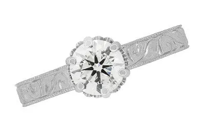 Filigree Scrolls Art Deco Crown Engraved 1 Carat White Sapphire Engagement Ring in 18 Karat White Gold