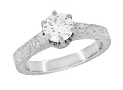 Filigree Scrolls Art Deco Crown Engraved 1 Carat White Sapphire Engagement Ring in 18 Karat White Gold