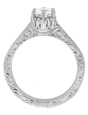 Filigree Scrolls Art Deco Crown Engraved 1 Carat White Sapphire Engagement Ring in 18 Karat White Gold