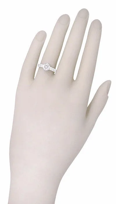 Filigree Scrolls Art Deco Crown Engraved 1 Carat White Sapphire Engagement Ring in 18 Karat White Gold