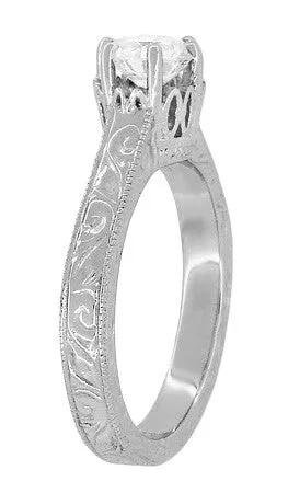 Filigree Scrolls Art Deco Crown Engraved 1 Carat White Sapphire Engagement Ring in 18 Karat White Gold