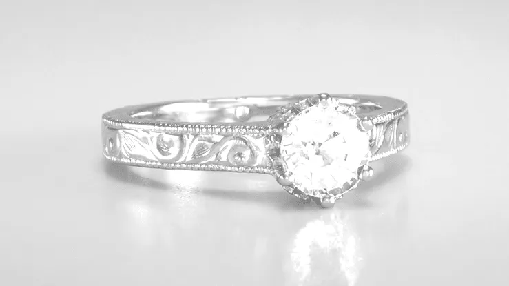 Filigree Scrolls Art Deco Crown Engraved 1 Carat White Sapphire Engagement Ring in 18 Karat White Gold