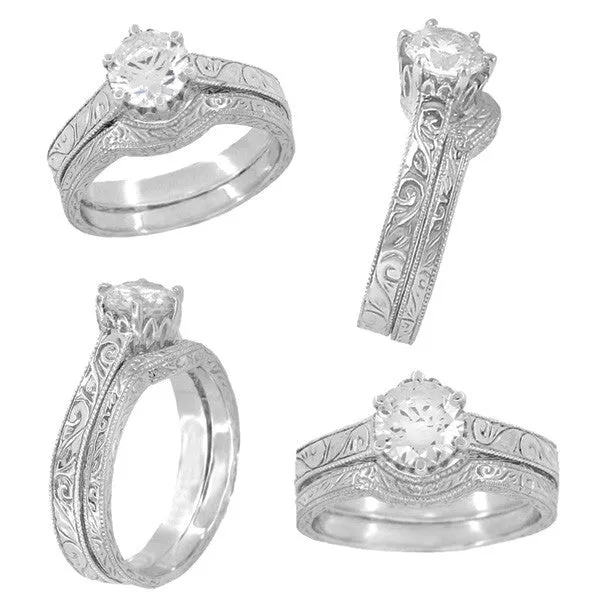 Filigree Scrolls Art Deco Crown Engraved 1 Carat White Sapphire Engagement Ring in 18 Karat White Gold