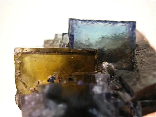 Fluorite and Sphalerite, Rosiclare Level, Minerva #1 Mine, Ozark-Mahoning Company, Cave-in-Rock District, Southern Illinois, Mined c. early 1990's, Tolonen Collection, Miniature 3.5 x 4.0 x 5.5 cm $250. Online 1/15 SOLD.