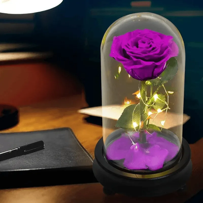 Forever Rose Glass Dome - Gift With Pine Wood Base
