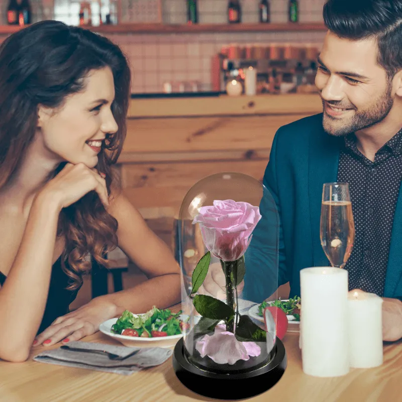 Forever Rose Glass Dome - Gift With Pine Wood Base