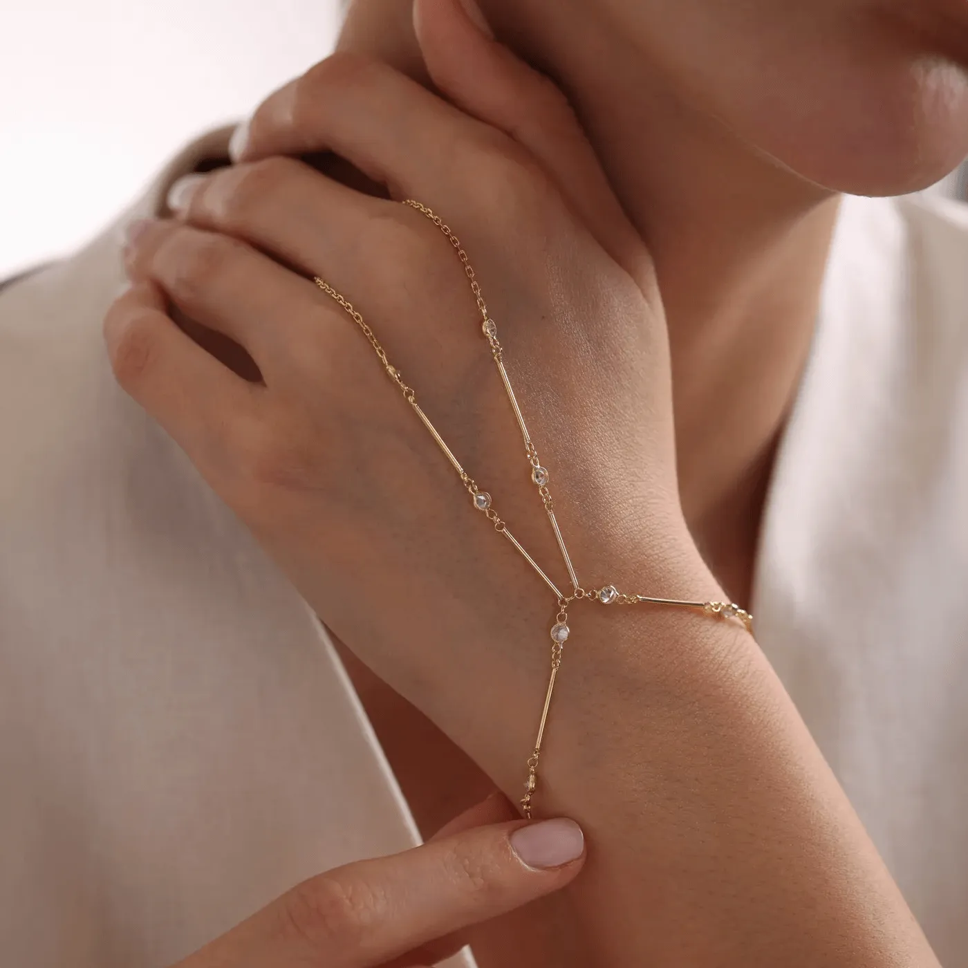 Gold-Plated Silver Hand Chain with Zircon Stones