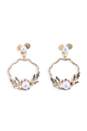 Golden leaves pearl decorated earrings