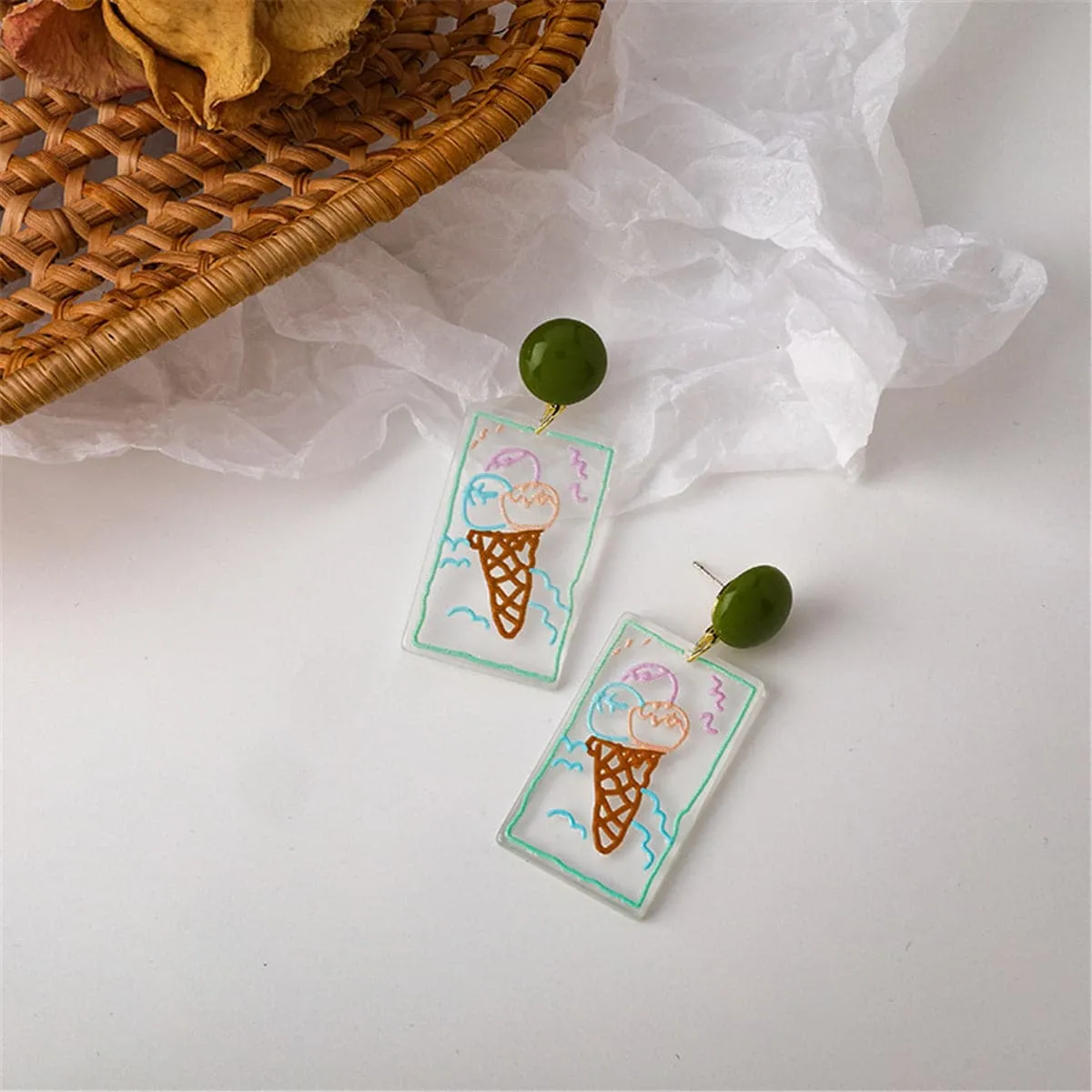 Green & Brown Transparent Ice Cream Cone Drop Earrings