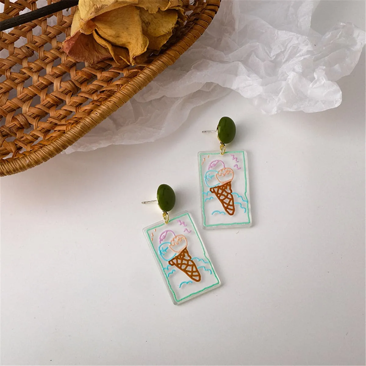 Green & Brown Transparent Ice Cream Cone Drop Earrings