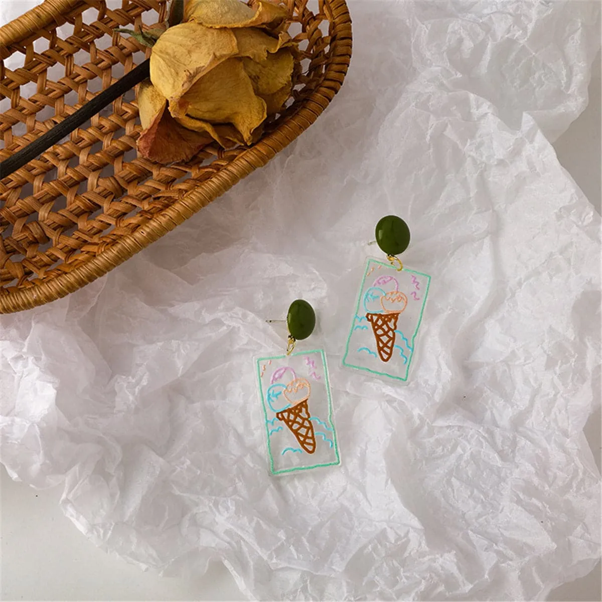 Green & Brown Transparent Ice Cream Cone Drop Earrings
