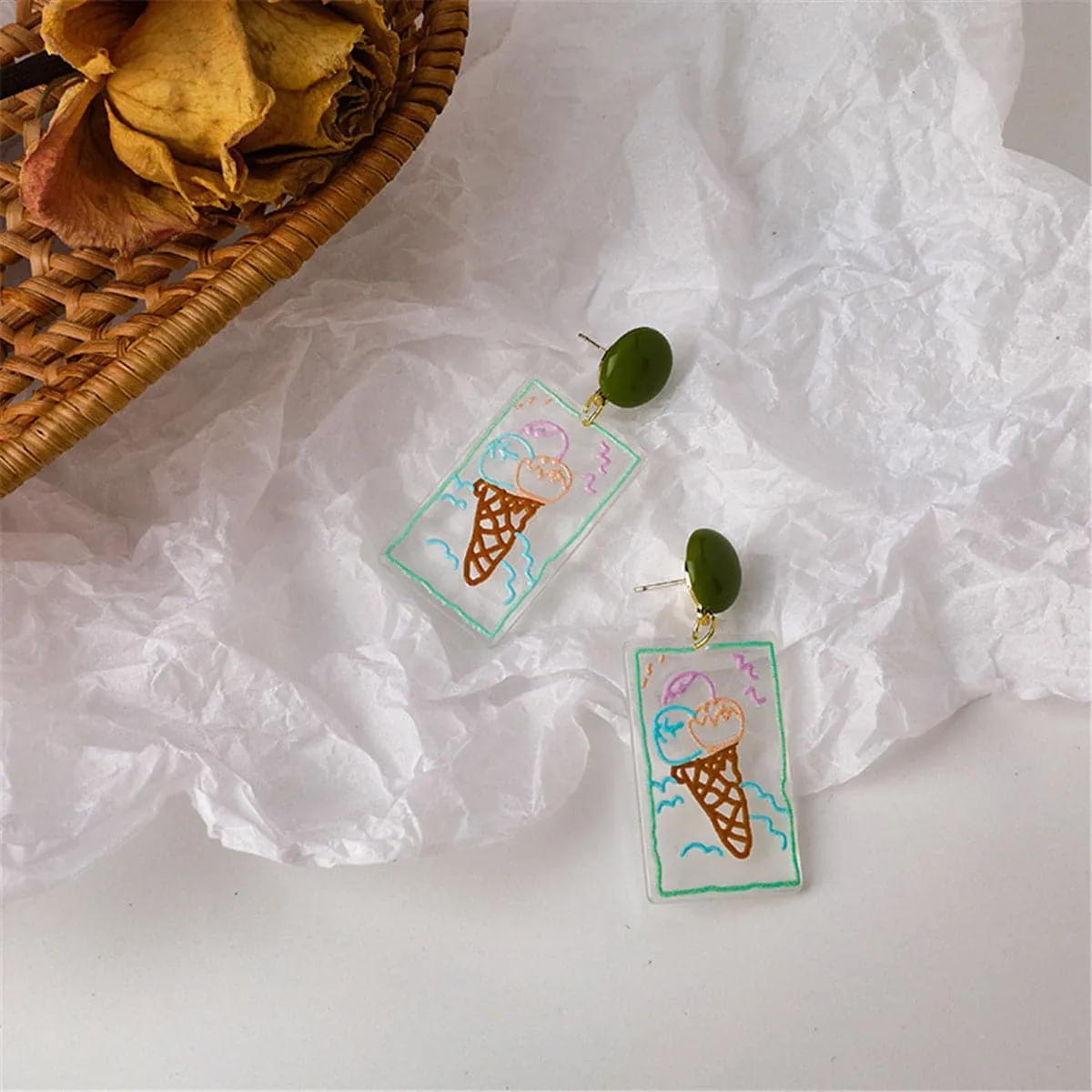 Green & Brown Transparent Ice Cream Cone Drop Earrings