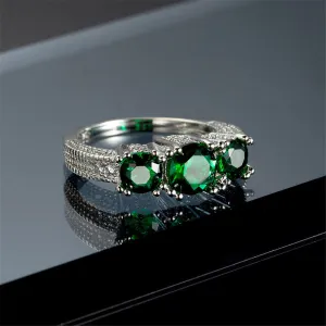 Green Crystal & Silver-Plated Triple-Head Ring