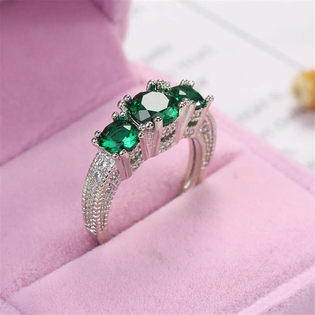 Green Crystal & Silver-Plated Triple-Head Ring