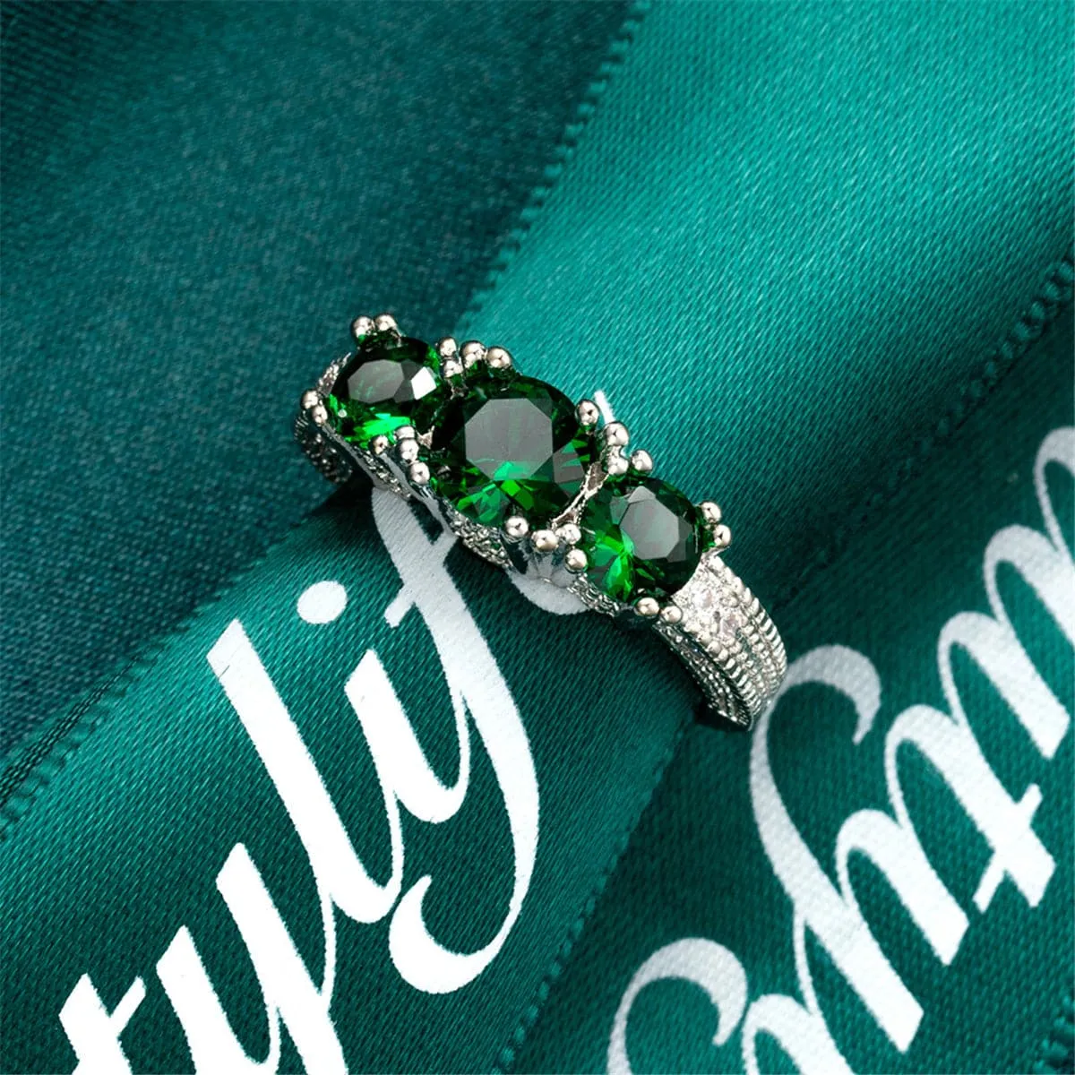 Green Crystal & Silver-Plated Triple-Head Ring