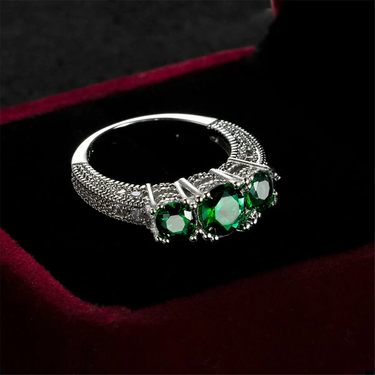 Green Crystal & Silver-Plated Triple-Head Ring