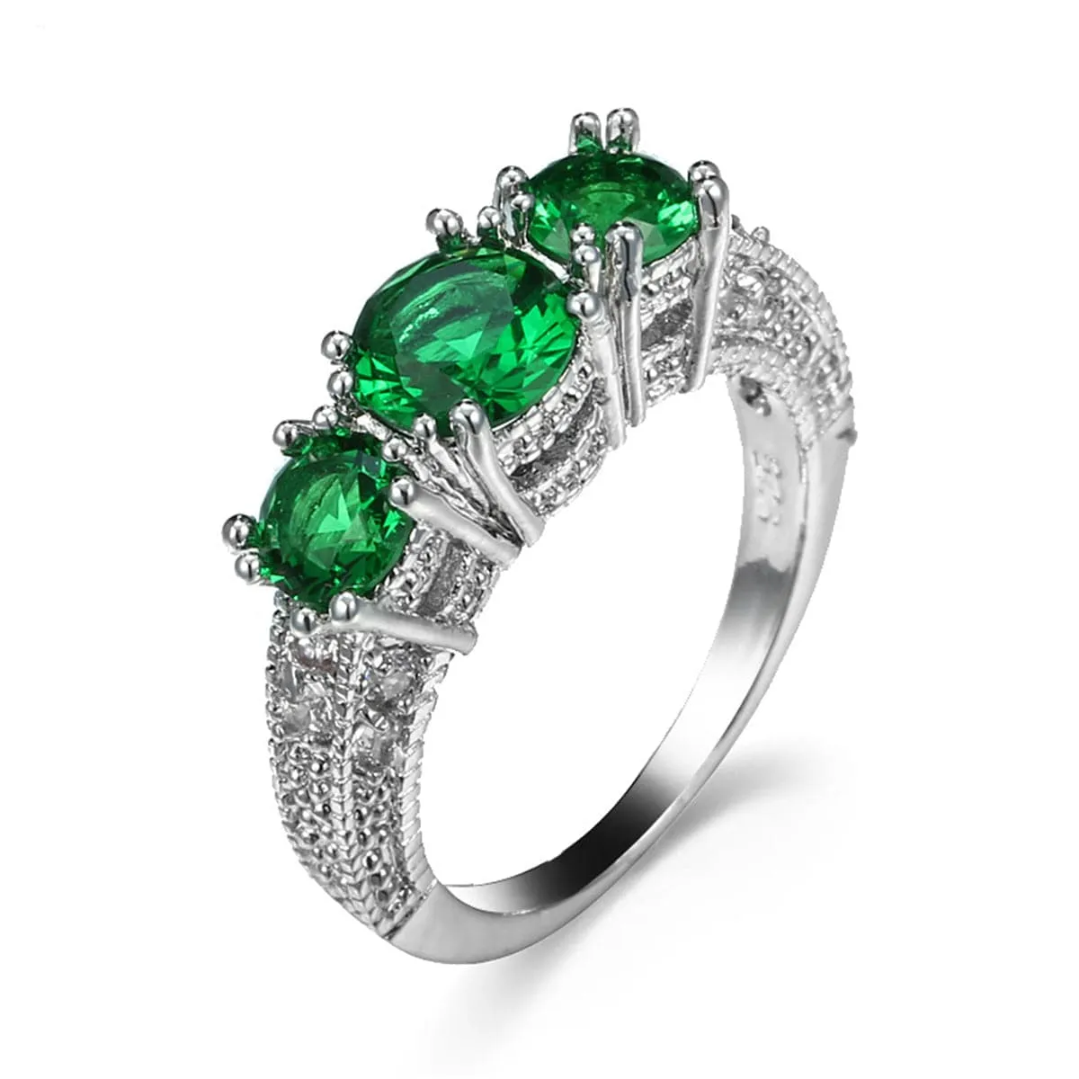 Green Crystal & Silver-Plated Triple-Head Ring