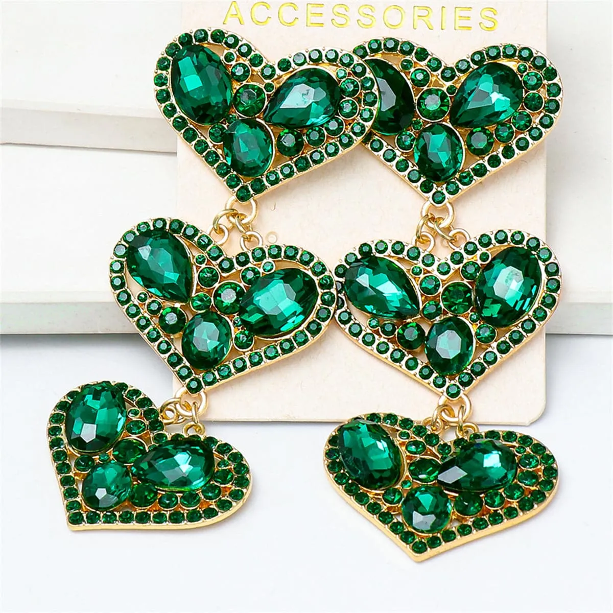 Green Cubic Zirconia & Crystal 18K Gold-Plated Linked Heart Drop Earrings