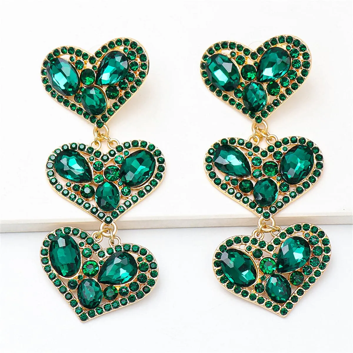 Green Cubic Zirconia & Crystal 18K Gold-Plated Linked Heart Drop Earrings