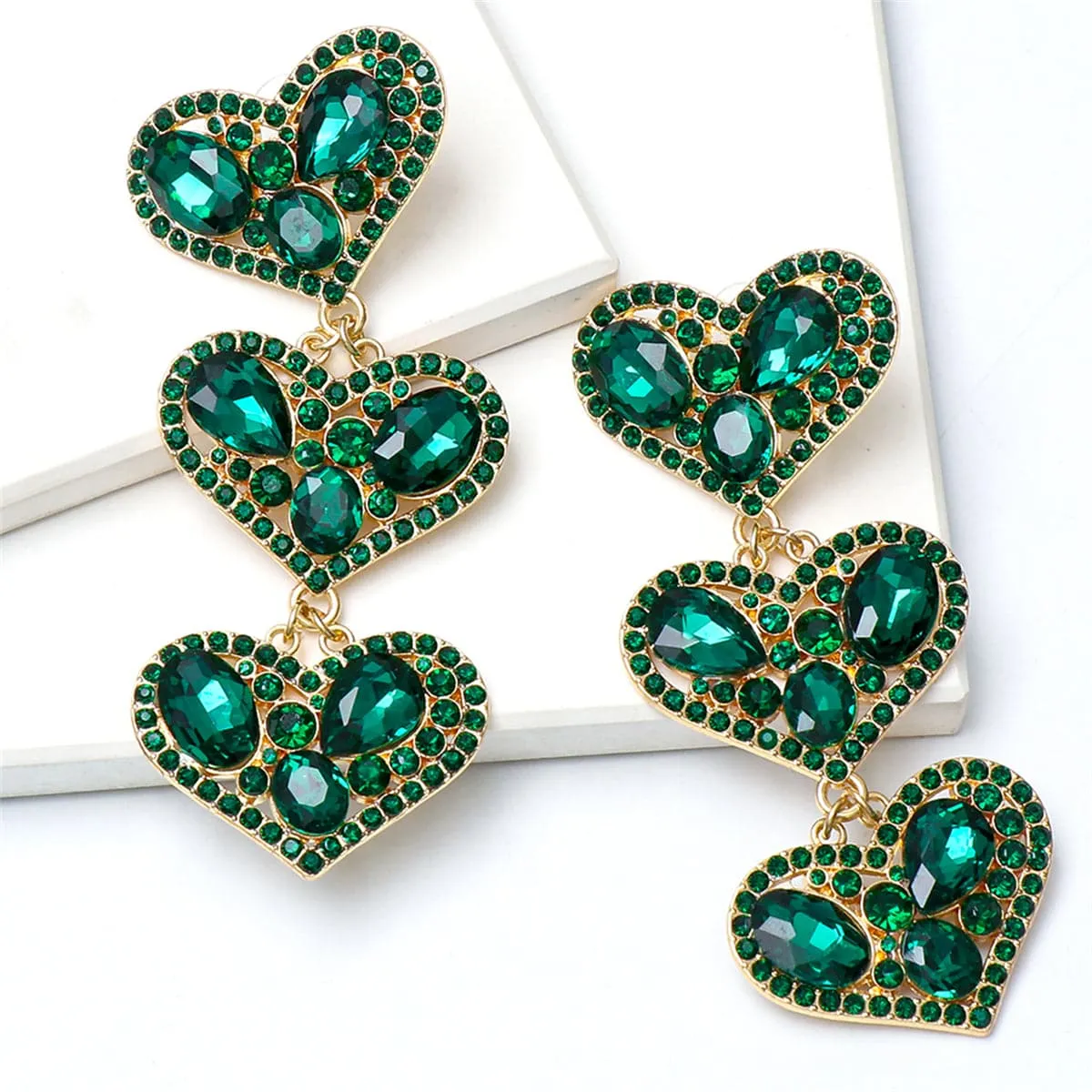 Green Cubic Zirconia & Crystal 18K Gold-Plated Linked Heart Drop Earrings