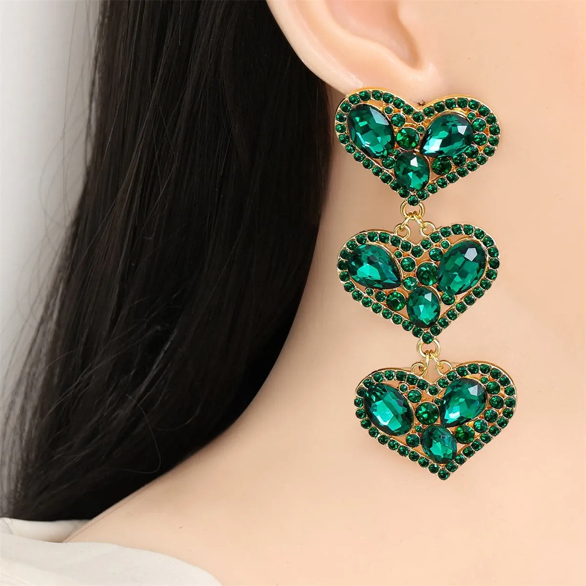 Green Cubic Zirconia & Crystal 18K Gold-Plated Linked Heart Drop Earrings