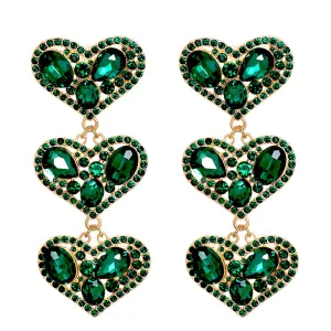Green Cubic Zirconia & Crystal 18K Gold-Plated Linked Heart Drop Earrings