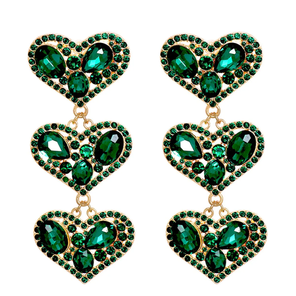 Green Cubic Zirconia & Crystal 18K Gold-Plated Linked Heart Drop Earrings