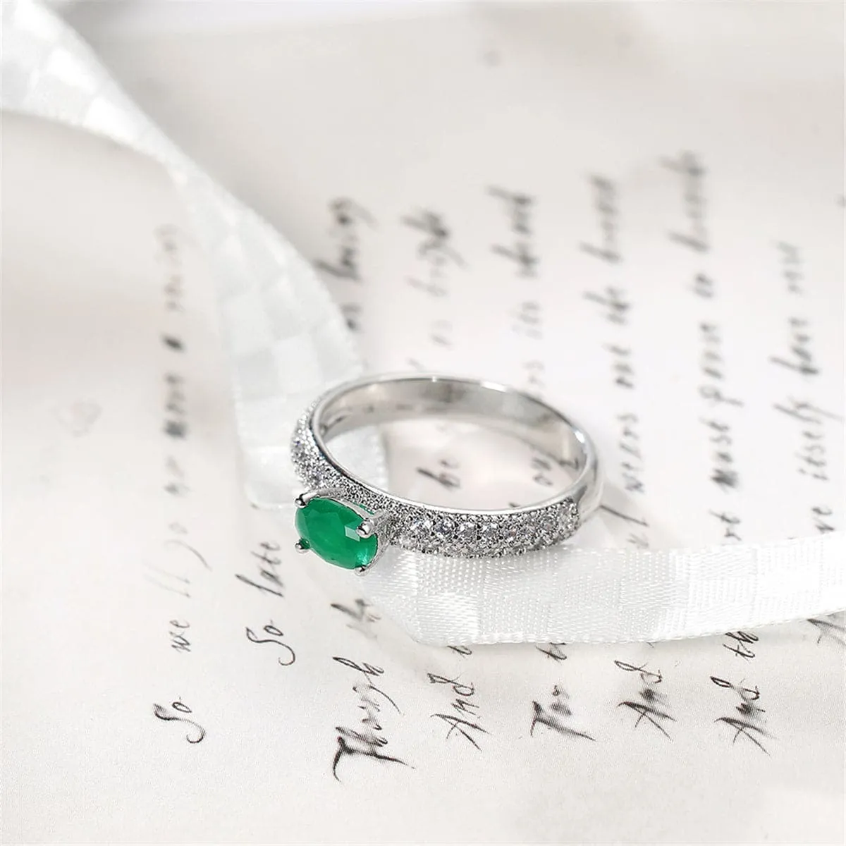Green Cubic Zirconia & Silver-Plated Oval Ring