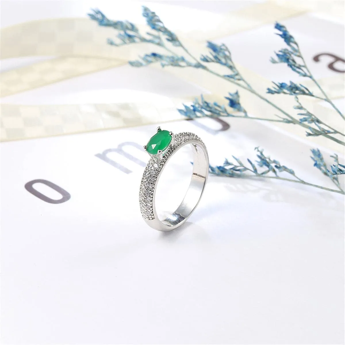 Green Cubic Zirconia & Silver-Plated Oval Ring