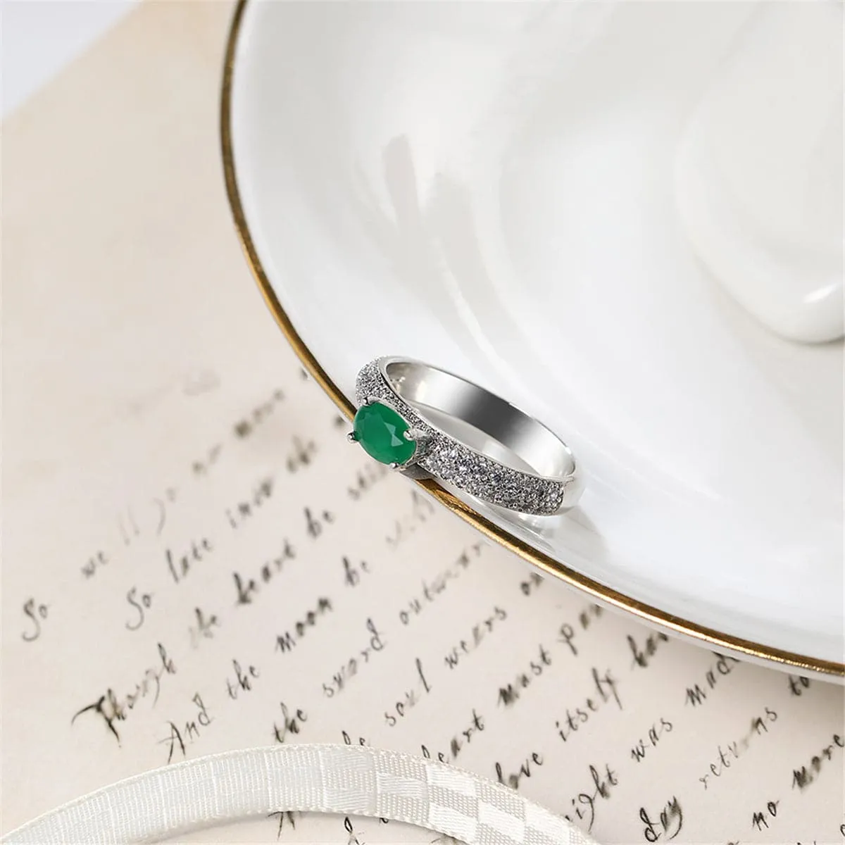 Green Cubic Zirconia & Silver-Plated Oval Ring