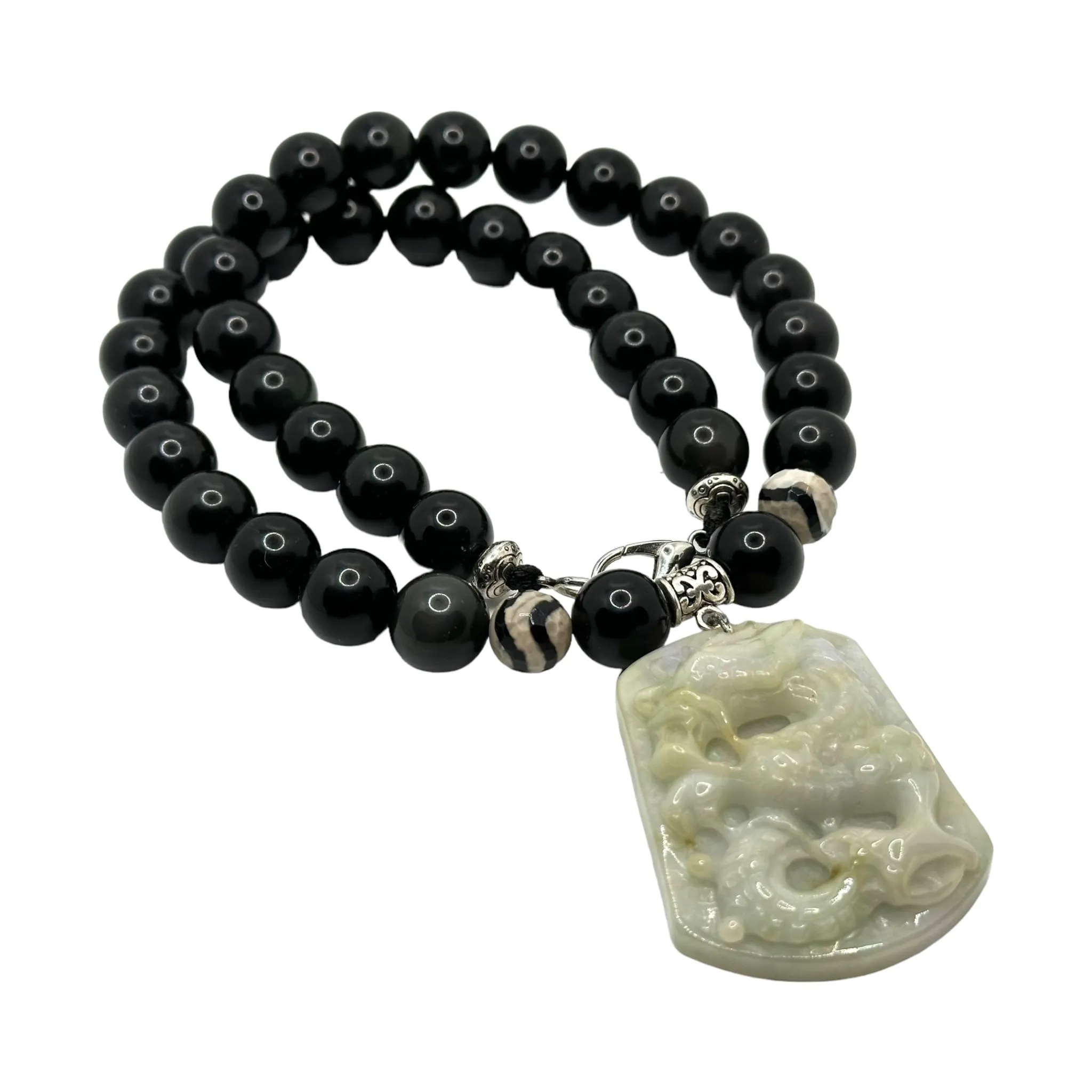 Green Dragon Jade Black Obsidian Necklace