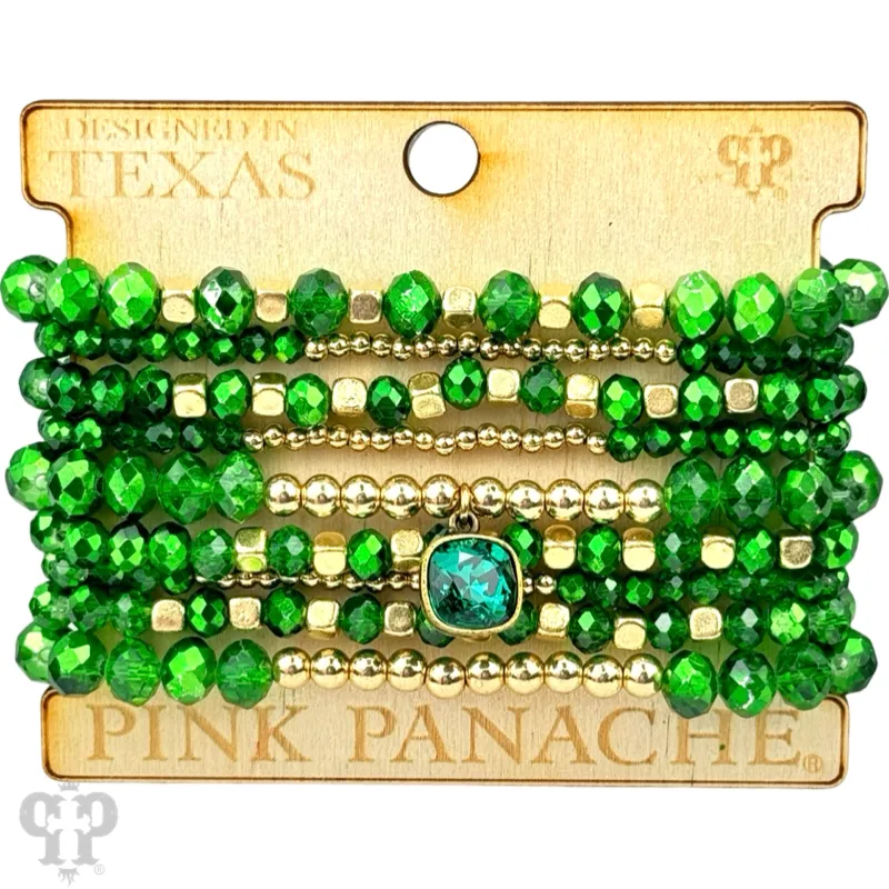 Green faceted and smooth bead stacked bracelet