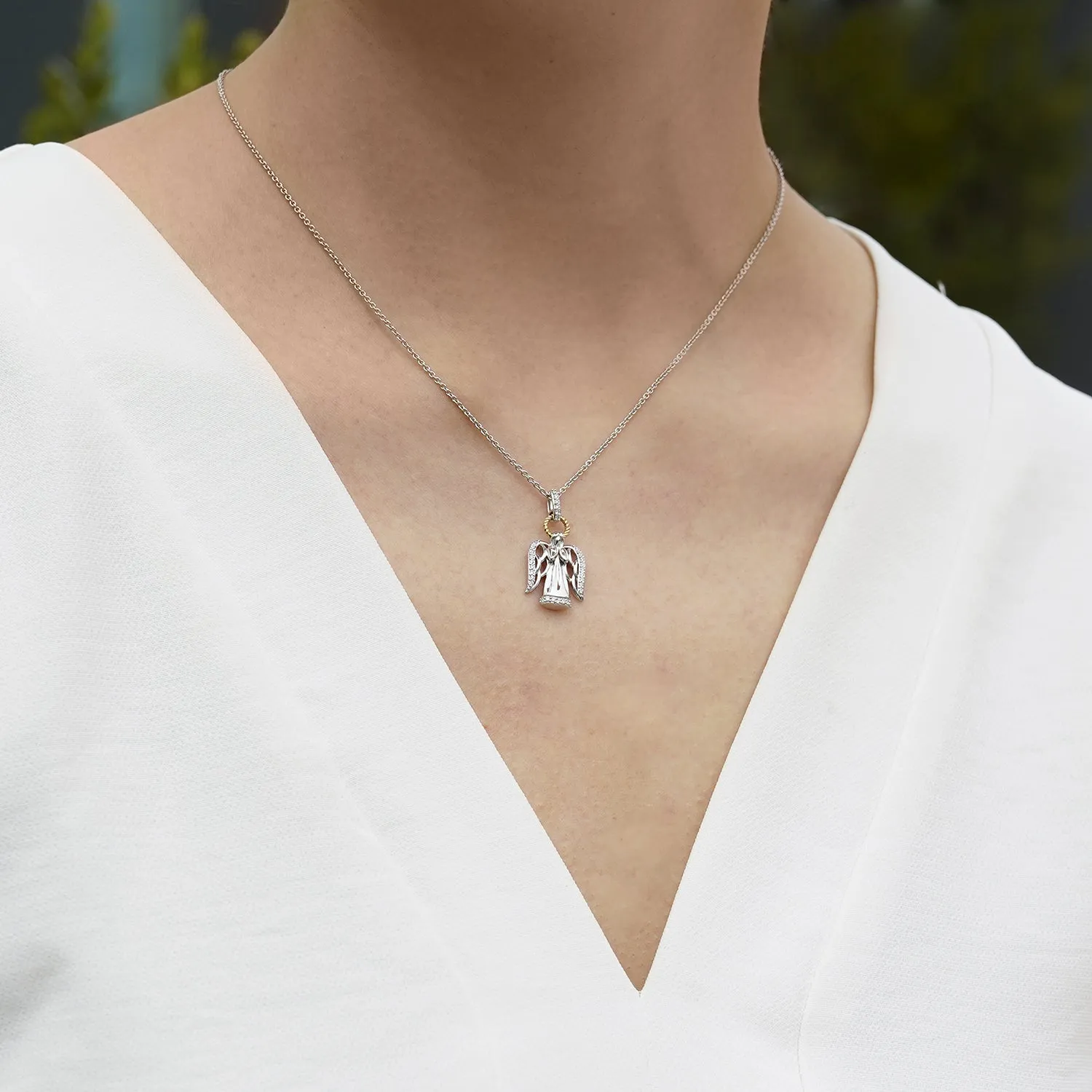 Hallmark Fine Jewelry Guardian Angel Pendant in Sterling Silver and 14K Yellow Gold with Diamonds