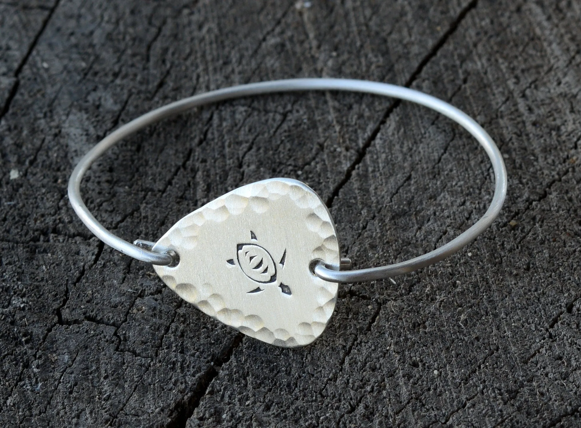 Hammered Sterling Silver Guitar Pick with Sea Turtle in a Tension Style Bangle