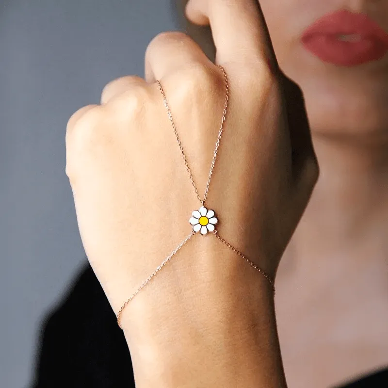Hand Chain Bracelet and Ring with Daisy Charm