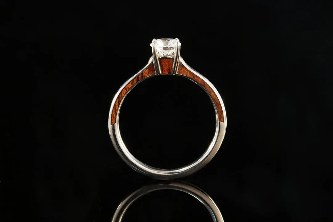 HAWAIIAN KOA WOOD SIDE INLAY 14K WHITE GOLD DIAMOND RING