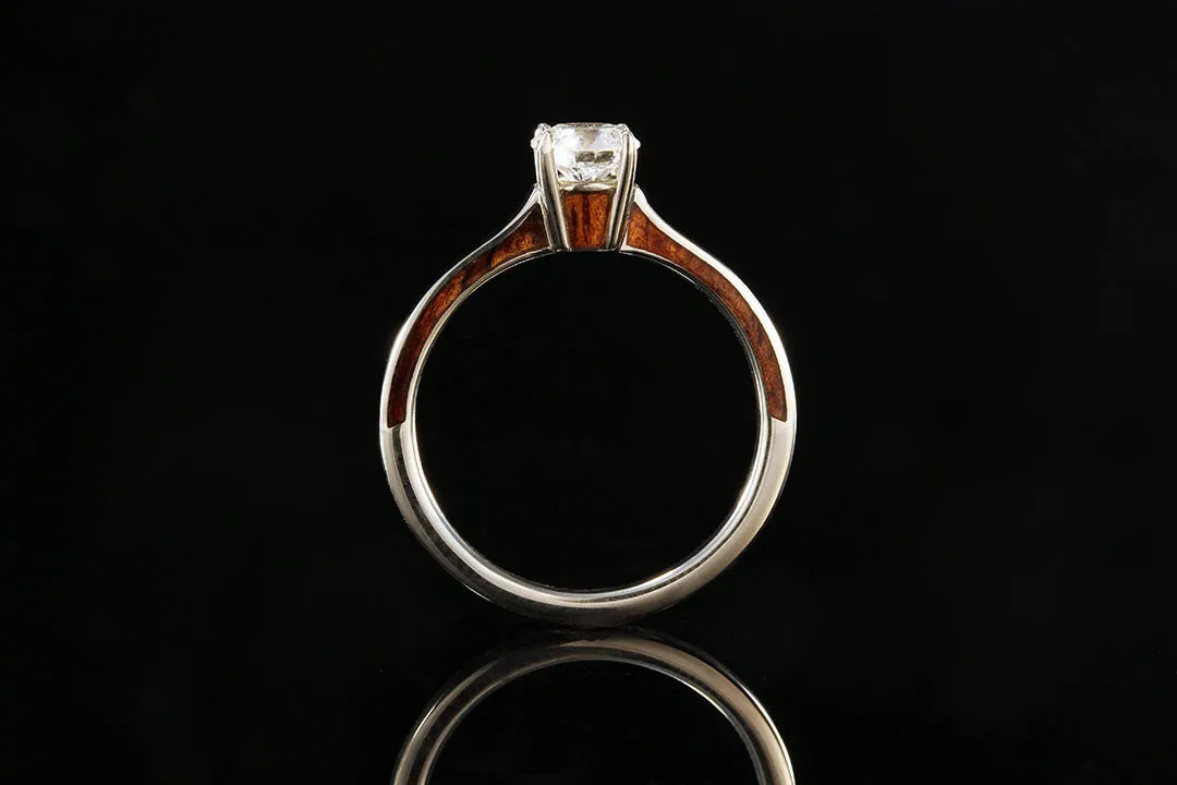HAWAIIAN KOA WOOD SIDE INLAY 14K WHITE GOLD DIAMOND RING