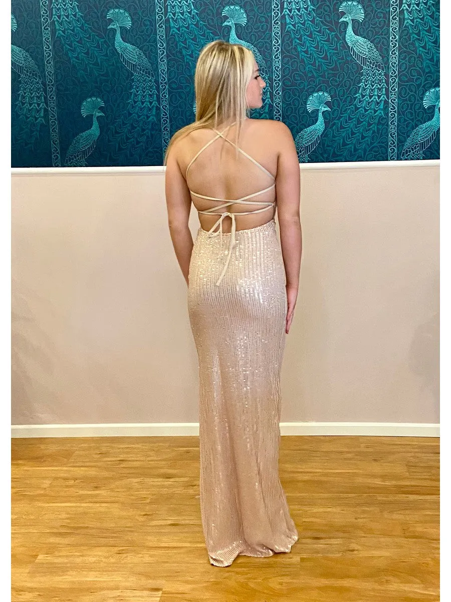 Hillary sequin strappy back school ball dress in silver/beige Express NZ wide