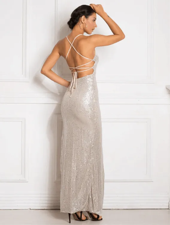 Hillary sequin strappy back school ball dress in silver/beige Express NZ wide