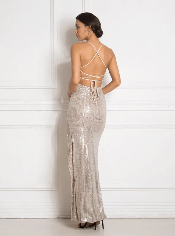 Hillary sequin strappy back school ball dress in silver/beige Express NZ wide