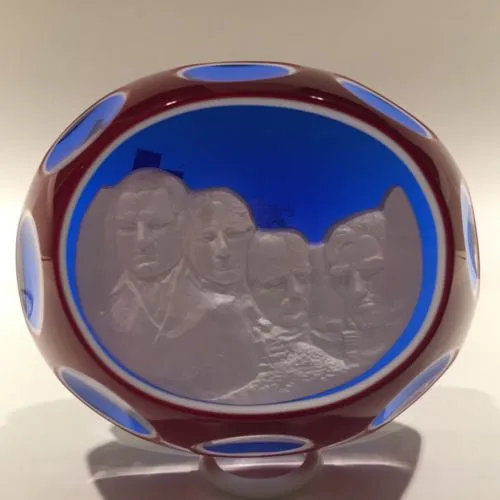 Huge 4" Baccarat Art Glass Paperweight Double Overlay Mount Rushmore Sulphide