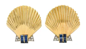 J.E. Caldwell 2.52 CTW Sapphire Diamond 14 Karat Gold Shell Brooch Clips