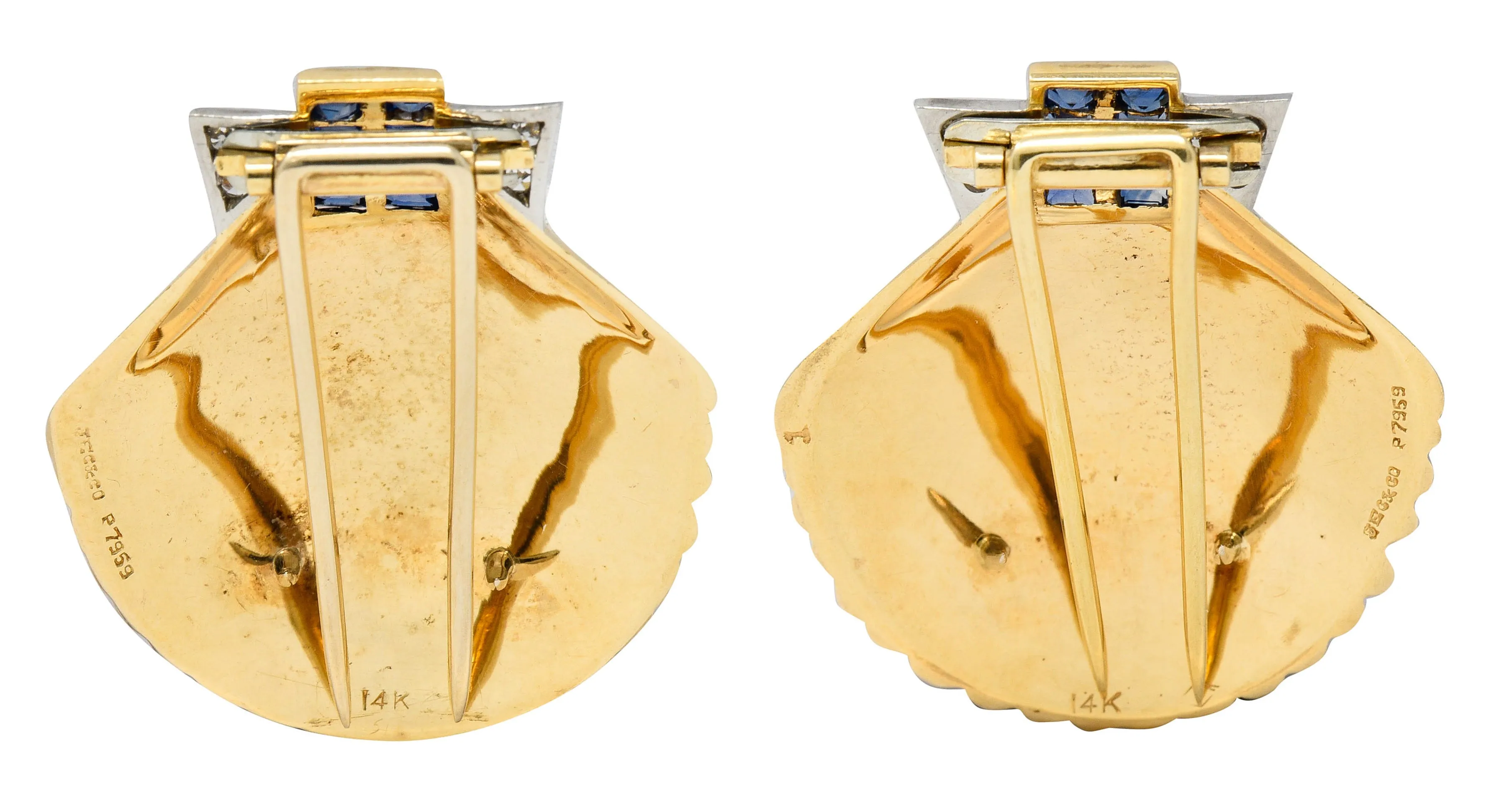 J.E. Caldwell 2.52 CTW Sapphire Diamond 14 Karat Gold Shell Brooch Clips