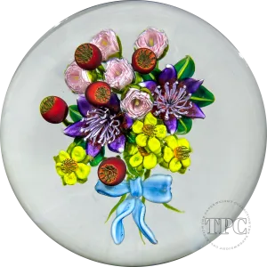 Ken Rosenfeld 2023 Glass Art Paperweight Large Flamework Flower Bouquet Tied with Blue Ribbon