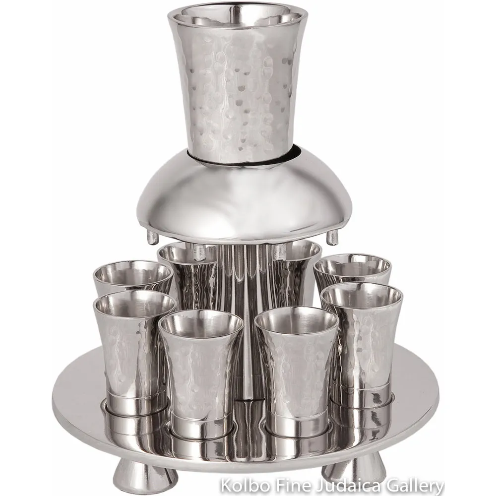 Kiddush Fountain Set, Hammered Nickel with Eight Small Cups
