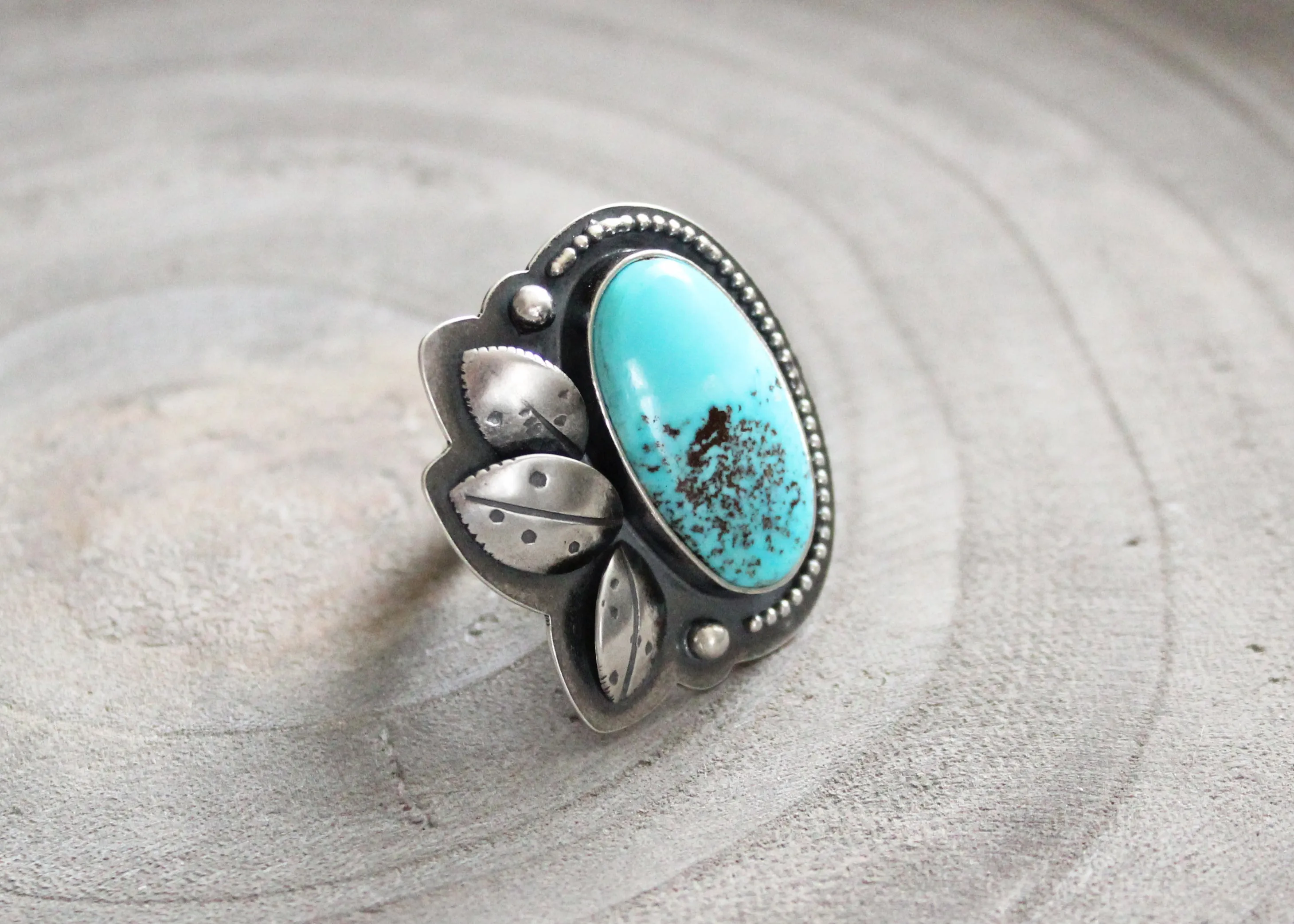 Kingman Turquoise Silver Floral Asymmetrical Cocktail Ring