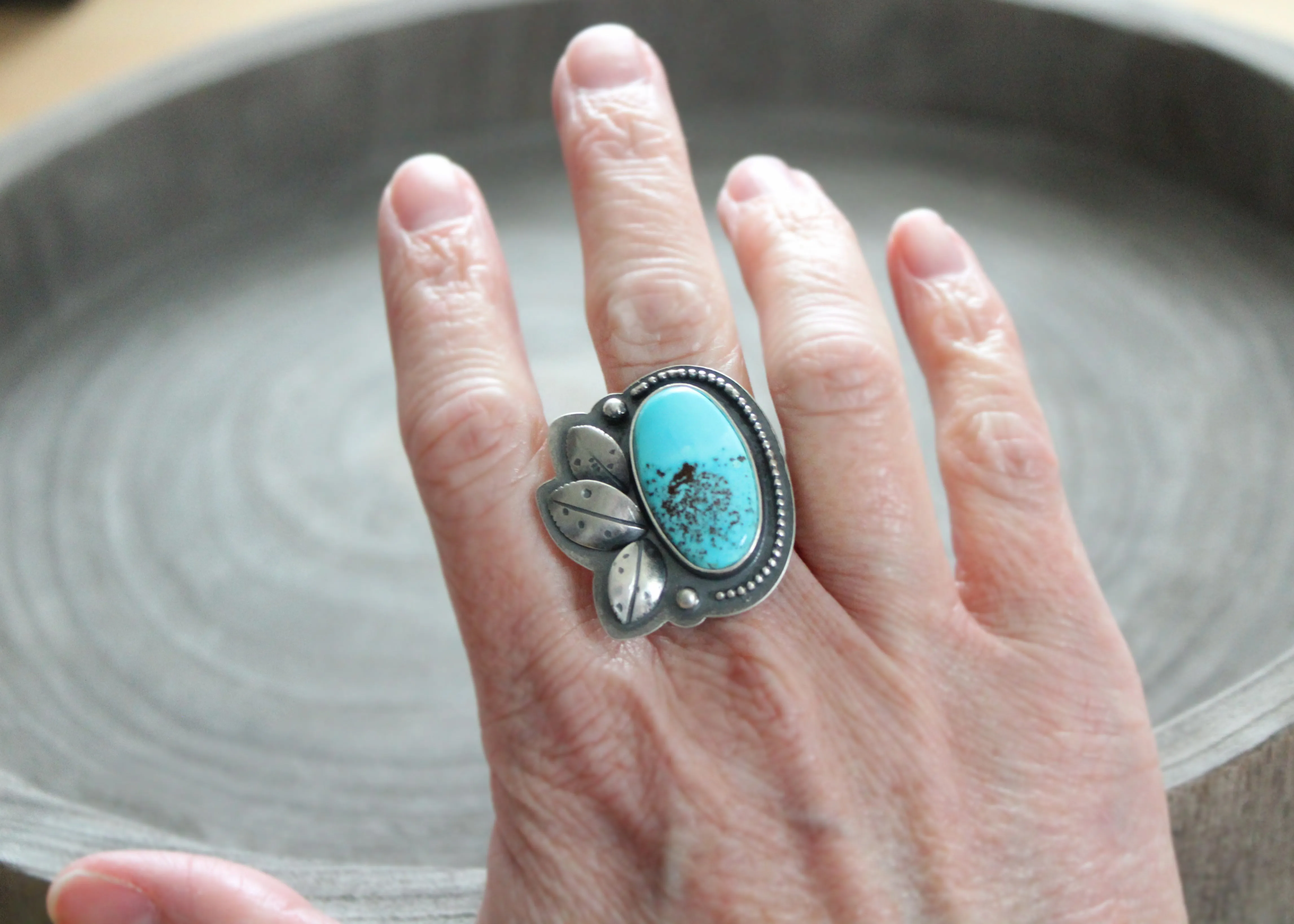 Kingman Turquoise Silver Floral Asymmetrical Cocktail Ring