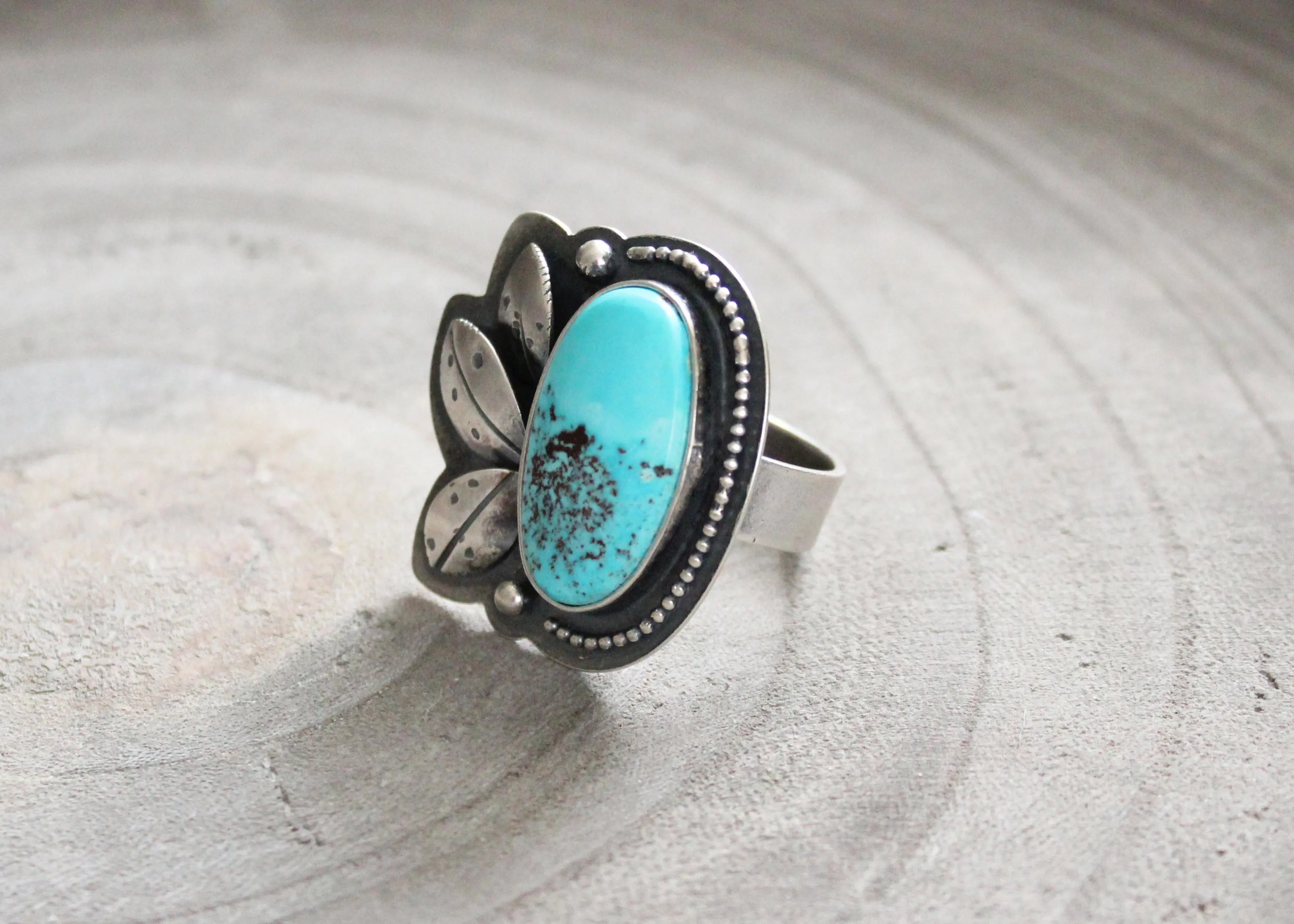 Kingman Turquoise Silver Floral Asymmetrical Cocktail Ring