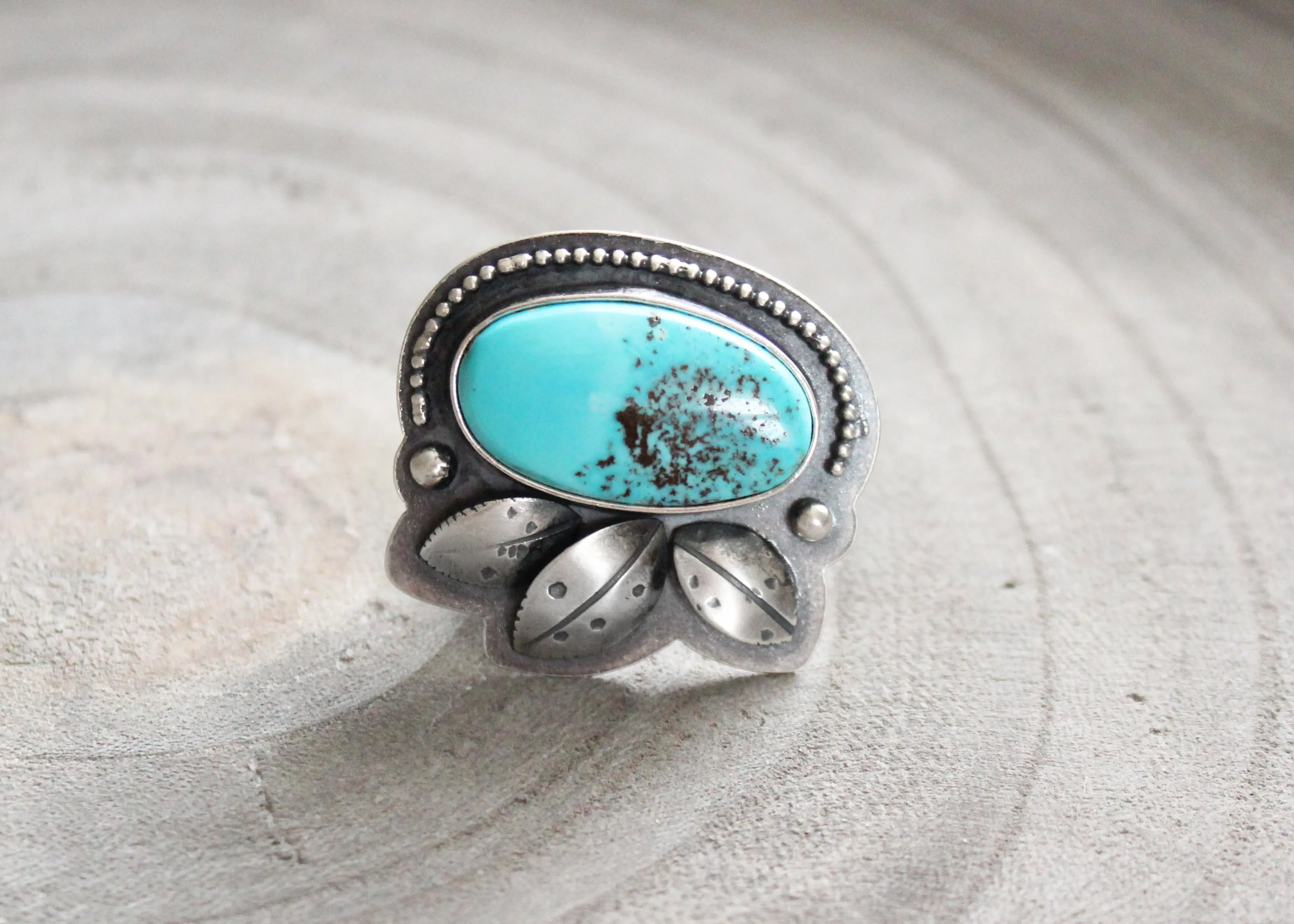 Kingman Turquoise Silver Floral Asymmetrical Cocktail Ring