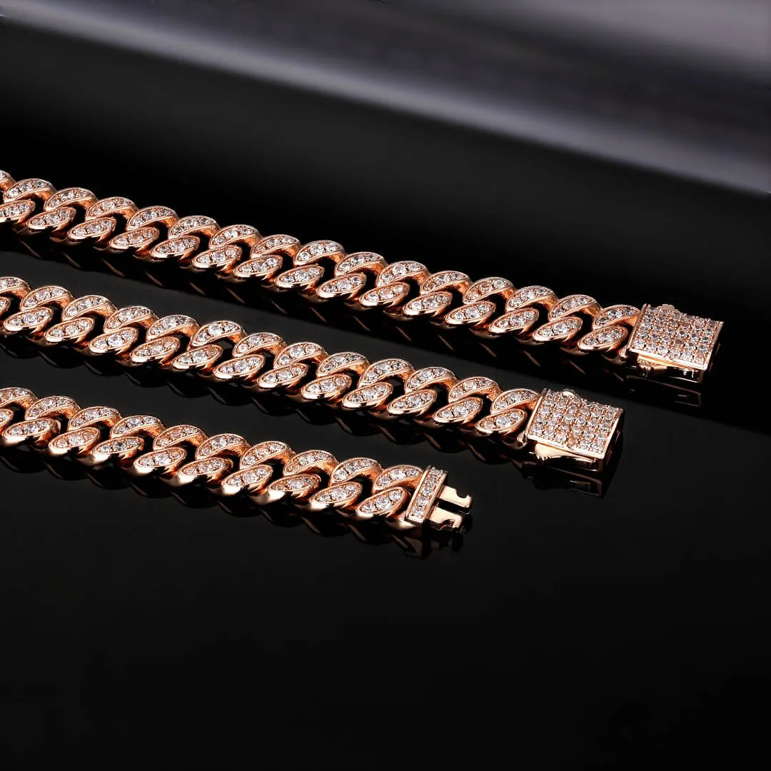 KRKC 8mm Iced Out Cuban Chain and Bracelet Set in White Gold/Rose Gold for Women